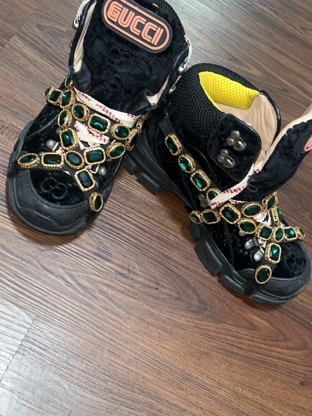 Gucci Black Velvet Platform Boots with Green Gem Chain Accents